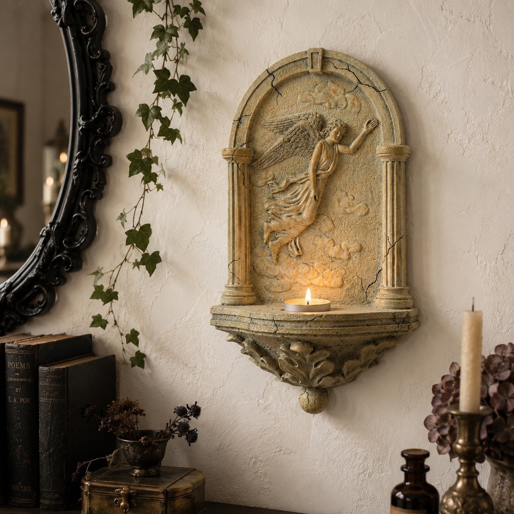 Vintage Angel Wall Tea Light Holder Gothic Wall Sconce Faux Stone Shelf Decor